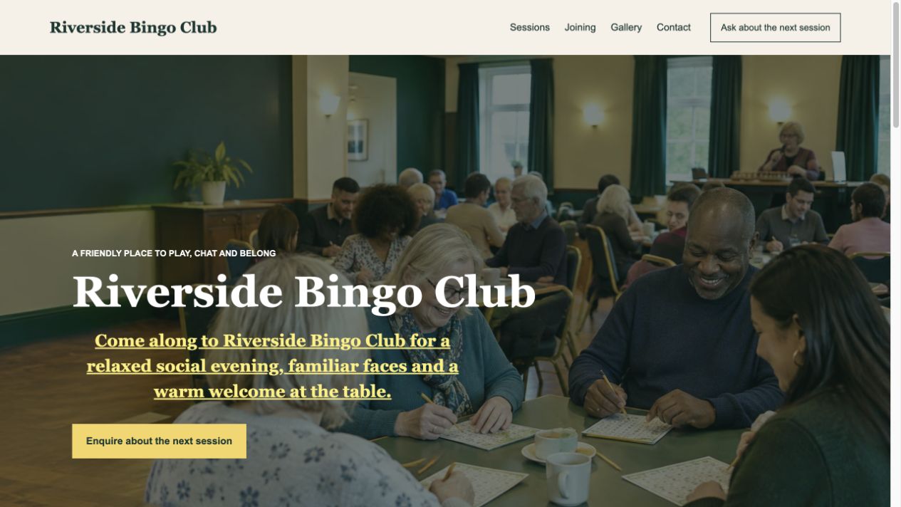 Fictional Riverside Bingo Club homepage sample with photography, finished copy and an enquiry link
